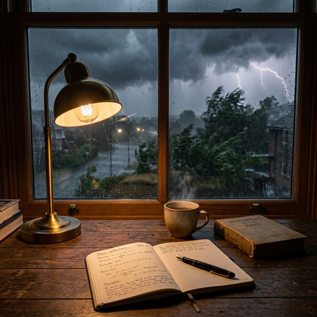 Study desk with open notebook, pen, cup, lamp, and rainy window with lightning